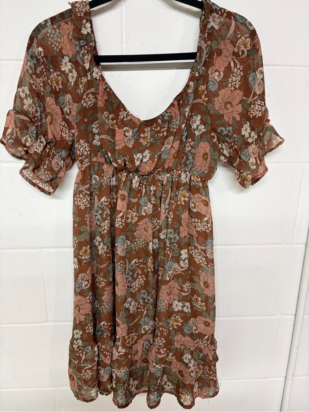 Blu Pepper Rust Floral Mini Dress with Pink & Green Blooms